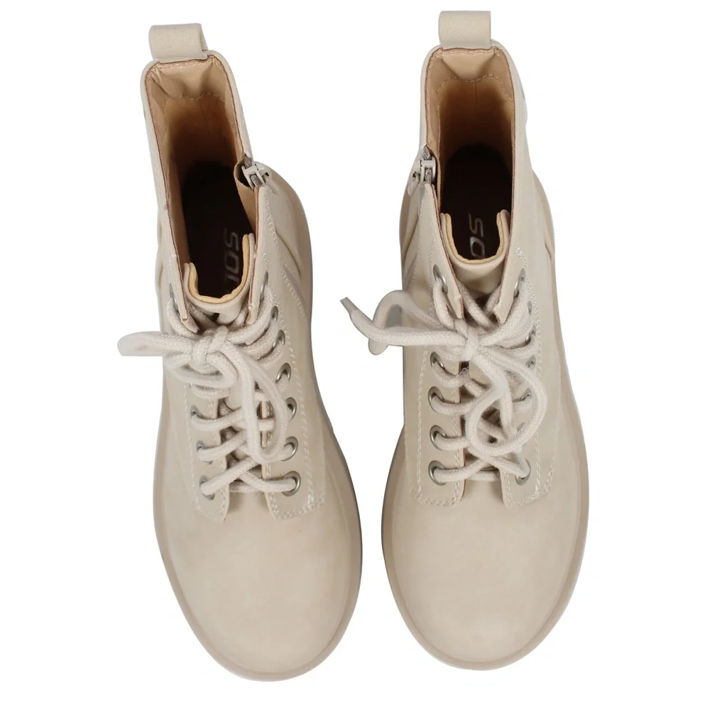 Beige Faux Nubuck Leather Combat Lace Up Ankle Boot - Picture 4 of 5